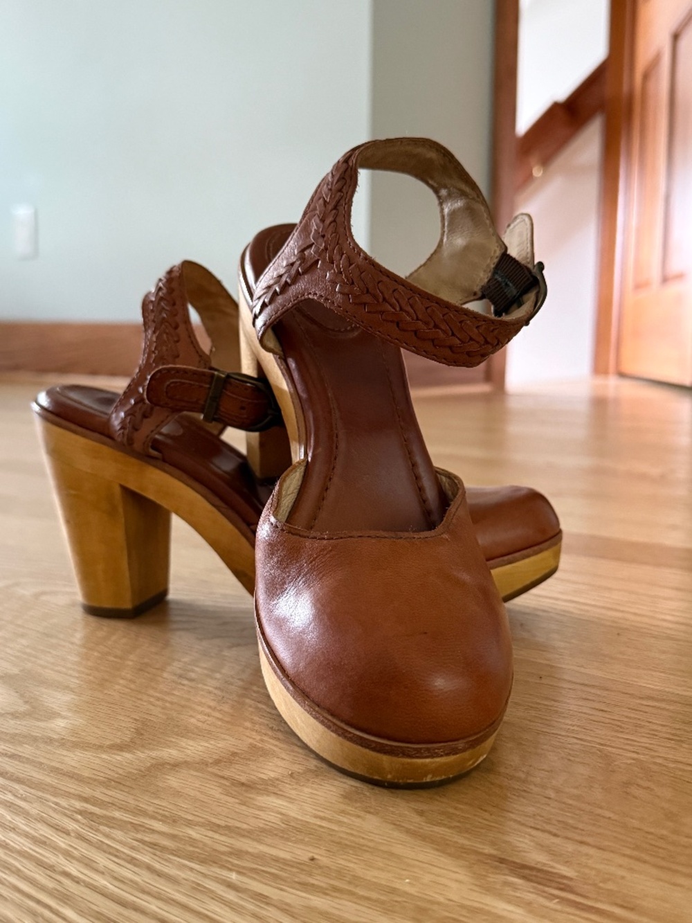 Frye Brown Leather Mary Jane’s with Wood Heel